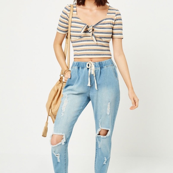 Hayden Los Angelos Distressed Drawstring Denim Jeans - Picture 1 of 5